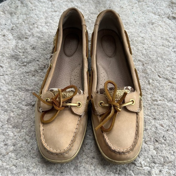 Sperry: Tan Suede, Textle Giraffe Print Metallic Gold Leather Boat Shoes Size 9M - Picture 2 of 9